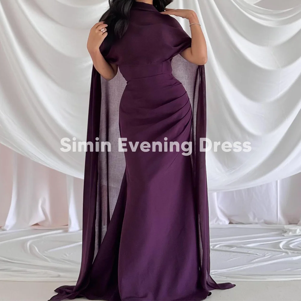 

Simin Women's High-Neck Seath Pick-Ups Chiffon Saudi Evening Dress with Short Sleeves And Court Train for Formal Occasions 2025
