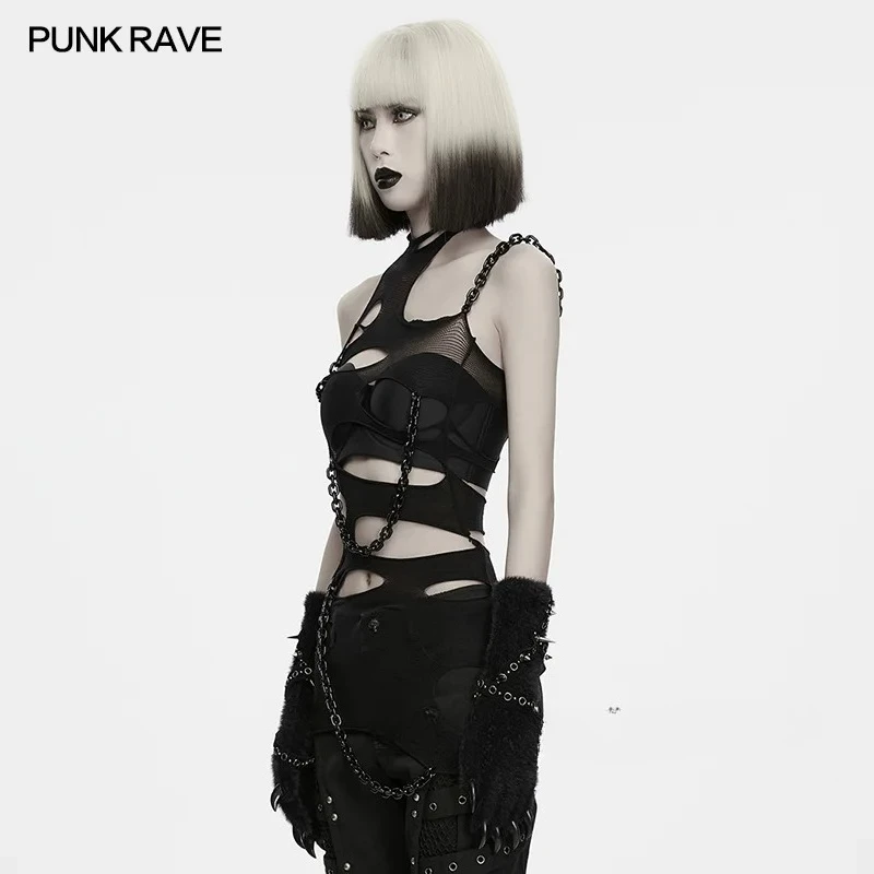 PUNK RAVE Women's Sexy Ripped Chain T-shirt High-stretch Fit Short Irregular Ripped  Rebellious Street-style Spicy Girl Tank