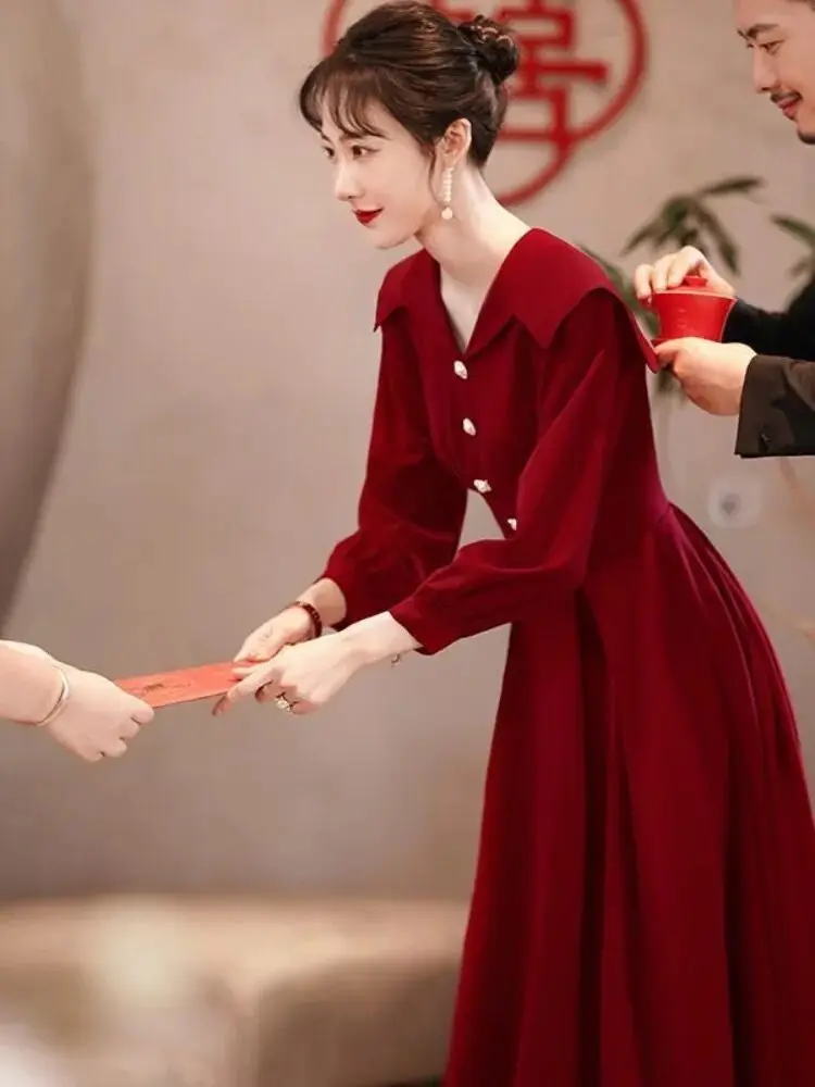 

Красное вечернее платье в пол для женщин, для свадьбы, помолвки, банкета, церемонии, с длинными рукавами, круглым вырезом, в корейском стиле