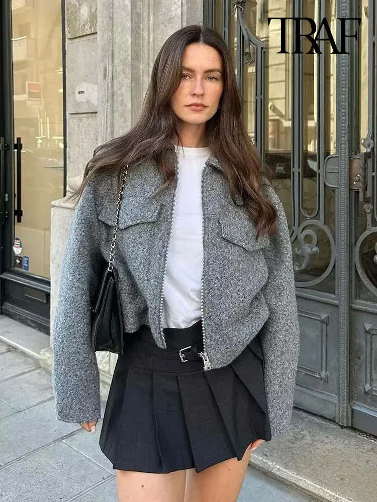 TRAF-Veste Courte à Manches sulfpour Femme, Manteau Vintage avec Poches Plaquées et Rabats, Fermeture Éclair sur le Devant, Chic, à la Mode