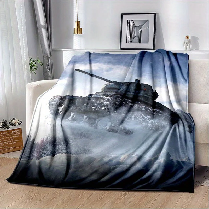 Realistic Combat Tank Snowy Wild Winter Landscape Pattern Flannel Fleece Blanket Warm Plush Bed Throw for Living Room