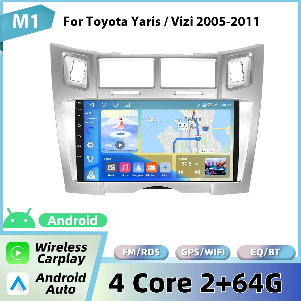 Podofo draadloze CarPlay voor Apple voor Toyota Yaris/Vizi 2005-2011 Android Auto autoradio GPS FM/RDS WiFi BT multimediasysteem
