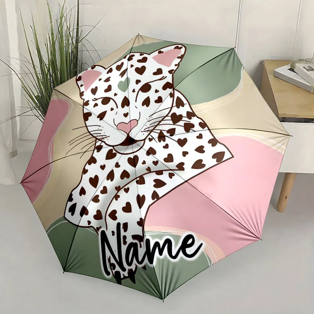 Custom Name  Stylish Leopard Print Pastel Umbrella Design Print 8 Iron Ribs Folding Umbrella Auto-Open Fashion Sunshade