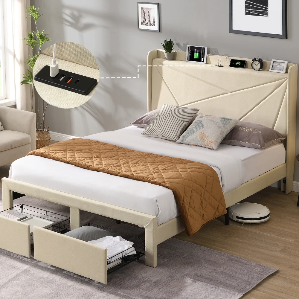 

Bed Frame with 2 Storage Drawers,Upholstered Bed Frame with Wingback Headboard Storage Shelf Built-in USB Charging Stations