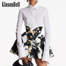 5.11 KlasonBell Cotton White Flare Long Sleeve Blouse Women Lapel Collect Waist Gold Button Design Temperament Versatile Shirt