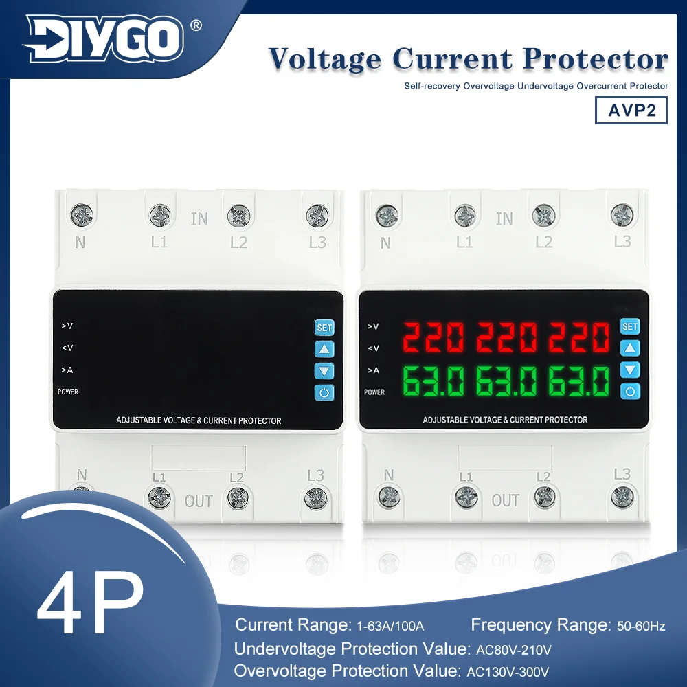 4P 3 Phase Din Rail Mounted Adjustable Over/Under Voltage Protection Device 63A 100A 220VAC Digital Display Voltage Protector