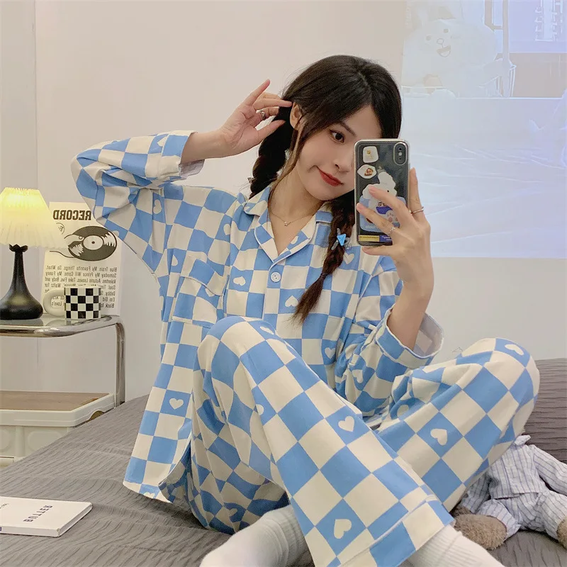 Sweet Dopamine Plaid Hearts Printed Pajamas for Women Spring and Autumn Long Sleeved Sets Plus Size Loose Home Clothing Gril Pjs