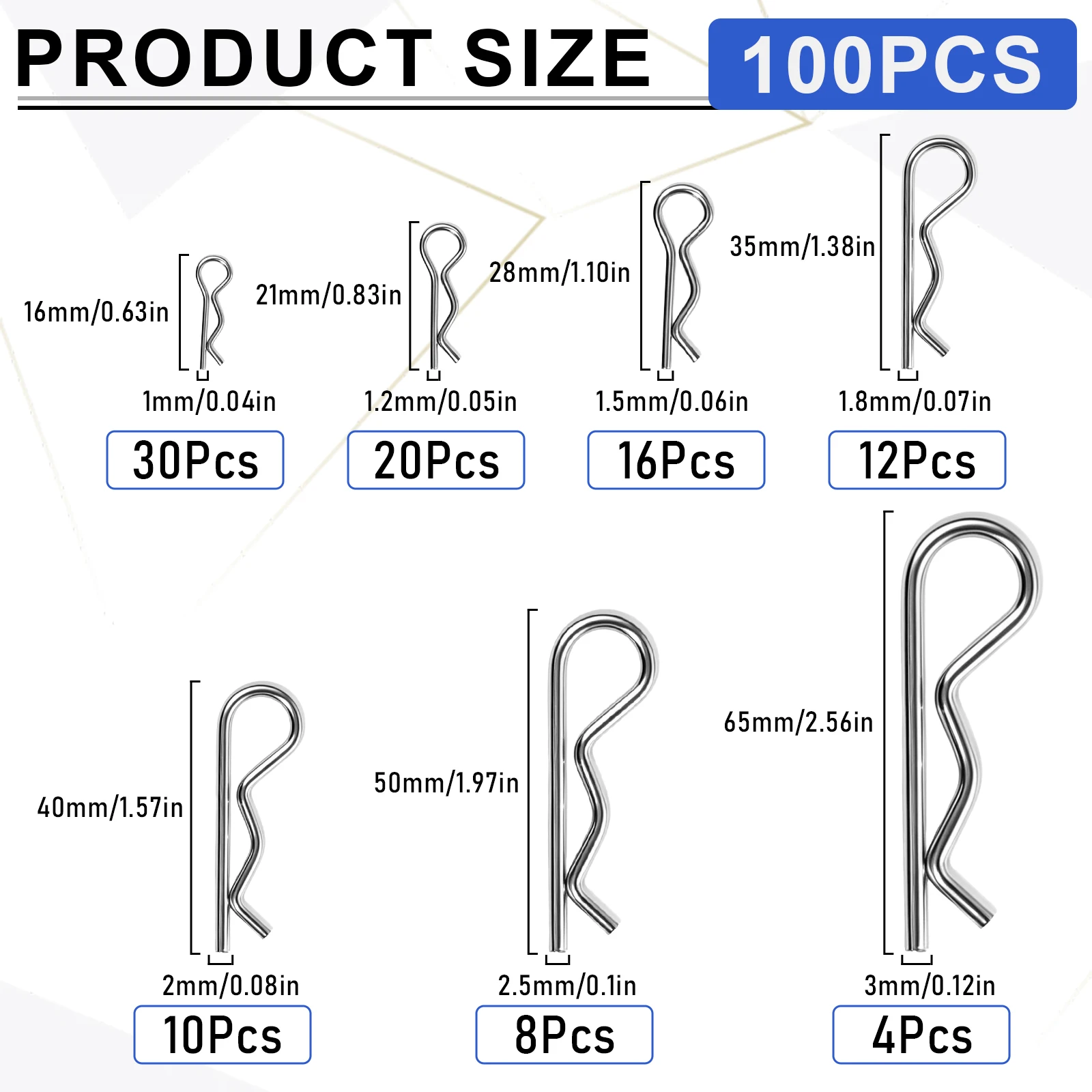 20/100pcs R Cotter Pins 304 Stainless Steel,7 Sizes Spring Fasteners Hitch Clips Pin Assortment Kit