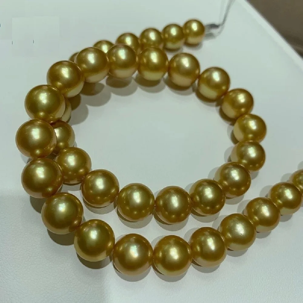

18-дюймовое классическое ожерелье AAAA 11-12 мм, натуральное золото Южного моря, круглое жемчужное ожерелье, золото 14 карат