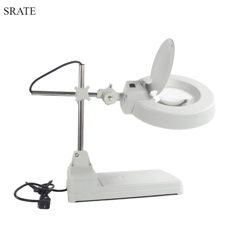 220V Desktop Illuminated Repairing Magnifier PCB Precision Parts Inspection Magnifying Glass with Light LED Liftable Table Loupe