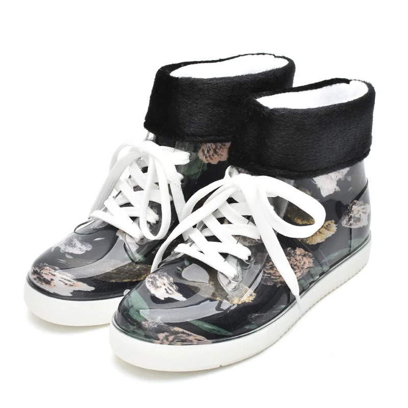 35-39 النساء احذية المطر السيدات Rainboots أحذية ماء الدانتيل متابعة المطاط لينة وحيد المضادة للانزلاق طباعة في الهواء الطلق انفصال أفخم Zapatos y2 #5