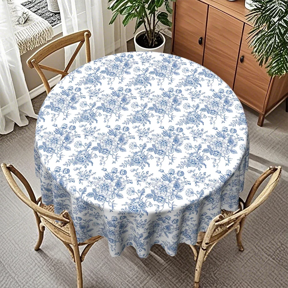 Elegant Blue White Floral Round Tablecloth with Scalloped Edge, Rose Design for Dining Room Decor, Banquet & Family Dinner