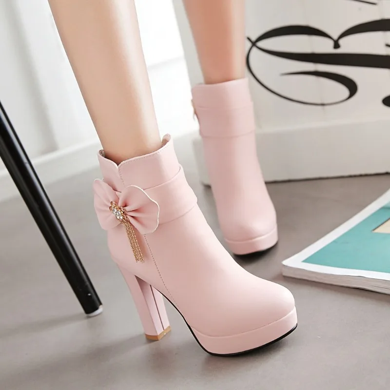 Korean Version Lady Lolita High Heel Ankle Boots Party Wedding Shoes Womens Butterfly-knot Tassel Fashion High Heel Boots