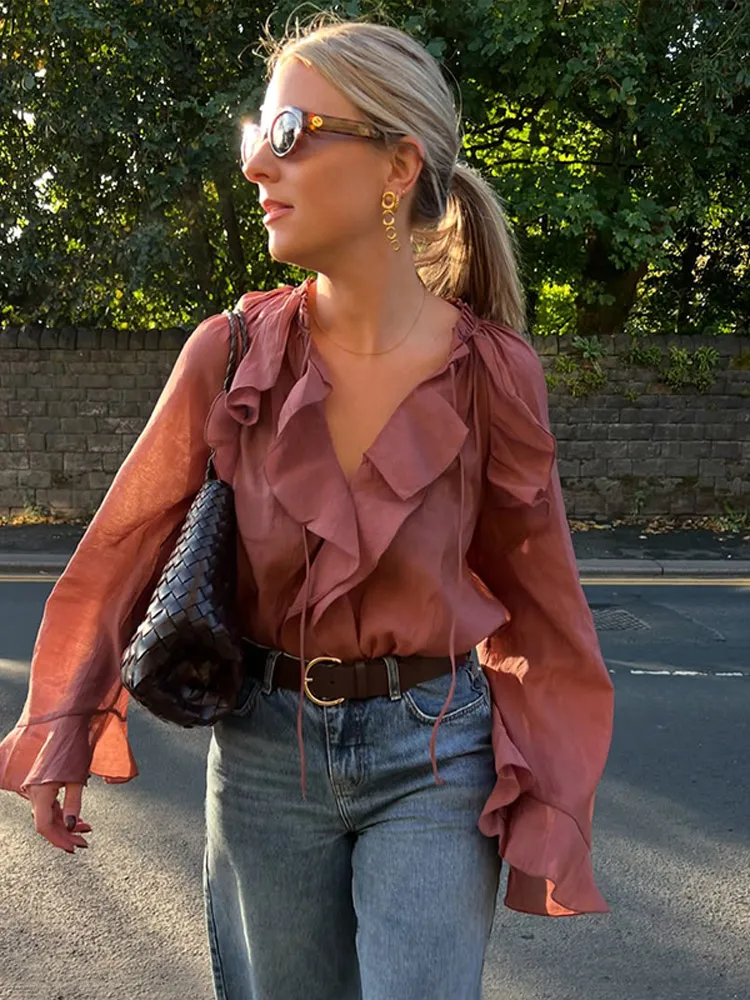 Elegant Ruffles Flared Sleeve Oversized Shirt For Women Chic V-neck Solid Cropped Blouse 2025 Office Lady Commute Streetwear New