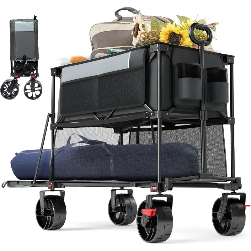 home. 400L Large Capacity Folding Double Decker Wagon with Brakes, All-Terrain Big Wheels for Camping, Sports, Shopping