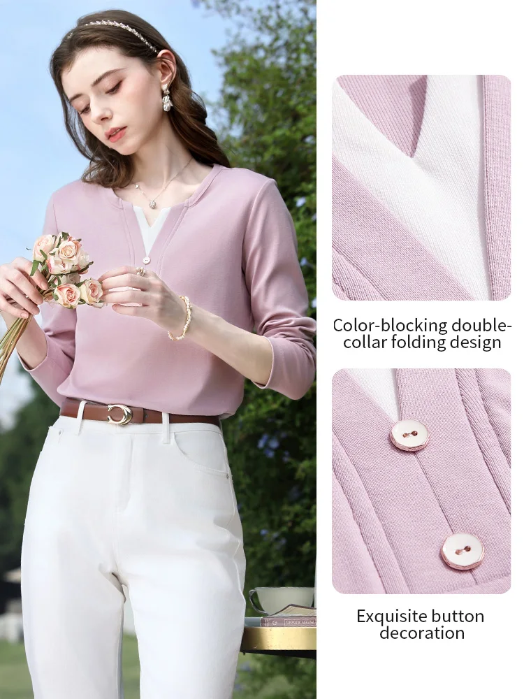 I BELIEVE YOU Pink Long Sleeve Fake Two-Piece Tops 2026 Spring Color Blocking Splicing V-neck Button Casual T-Shirt 2261016196
