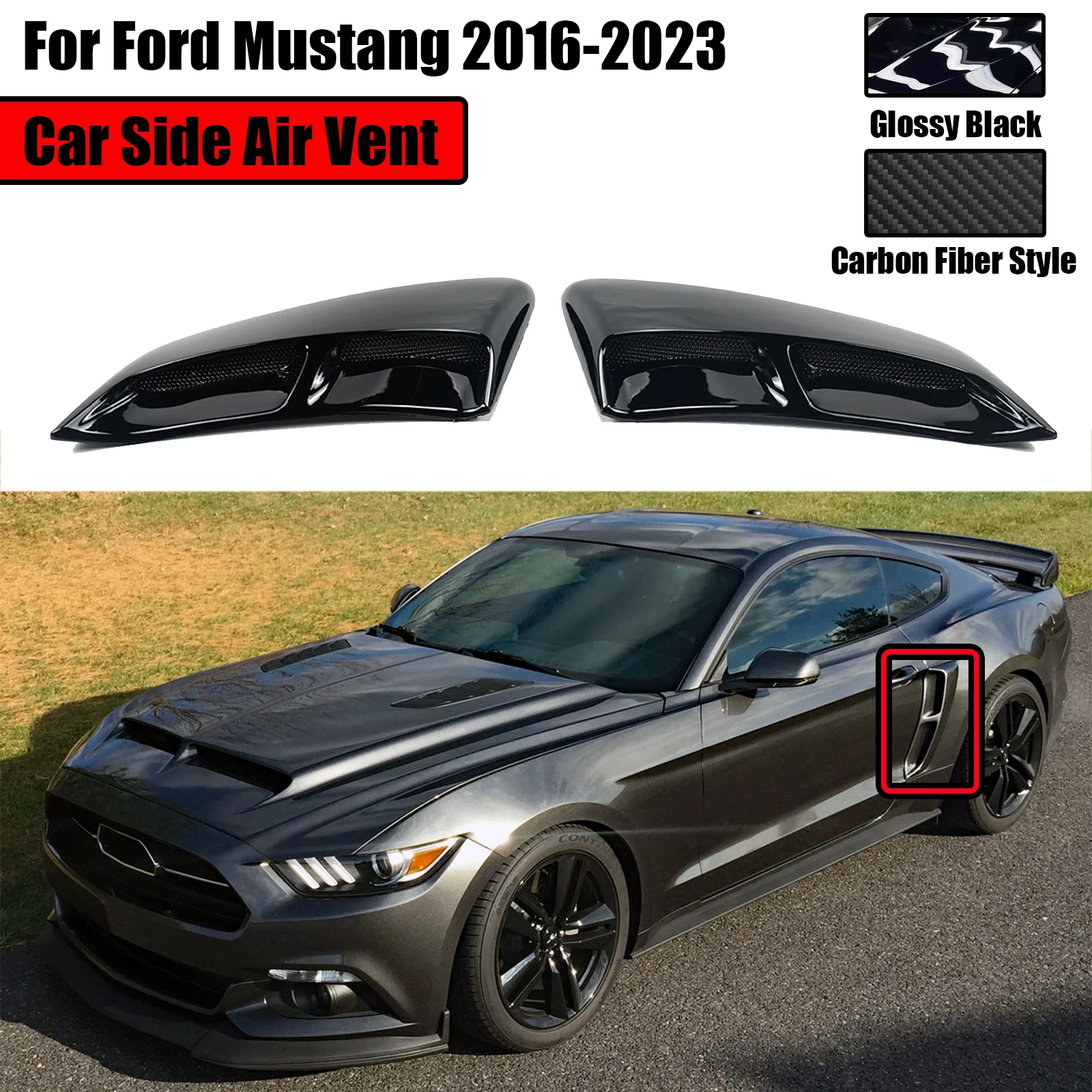 2 Stuks Voor Ford Mustang 2016-2023 Auto Side Ventilatieopeningen Achterspatbord Outlet Scoop Trim Deur Exterieur Glanzend zwart Koolstofvezel Stijl