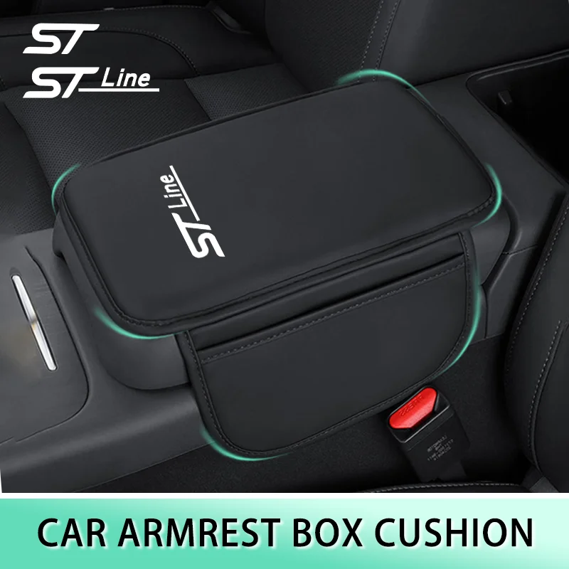 PU Leather Car Central Control Countertop Support Pad Armrest Box Protection Pad with Pockets for Ford ST Line MK3 Kuga Fiesta