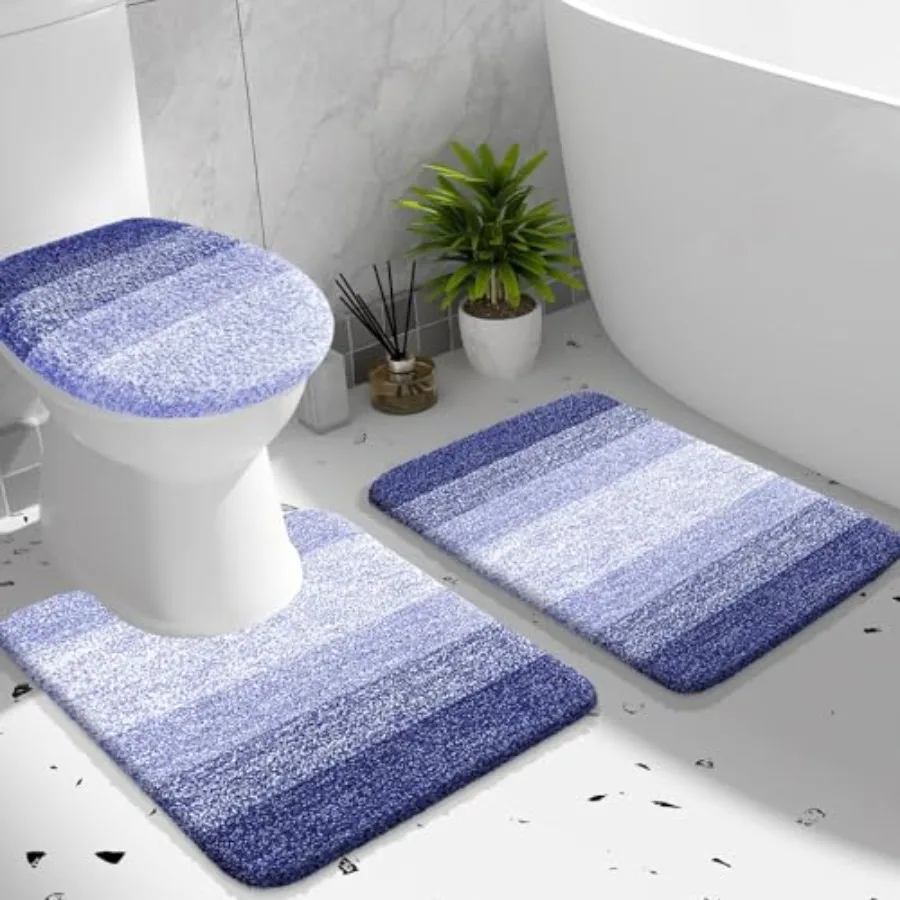 

Bathroom Rugs Sets 3 Pcs Soft Microfiber Absorbent Bath Mat U-Shaped Contour Toilet Mat and Toilet Lid Cover Quick Dry Machine