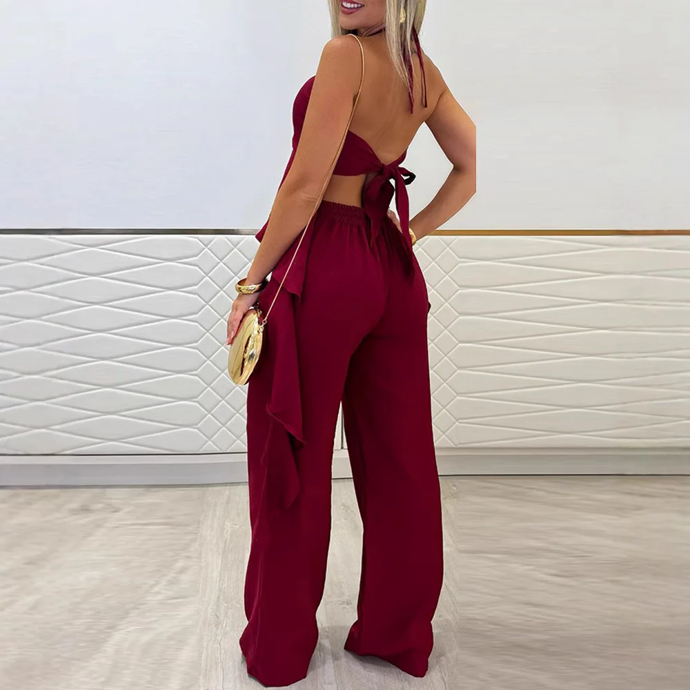 Conjunto de calças e top sem costas com decote, calças cridas de pernas largas, conjunto f e, coleção de ver...