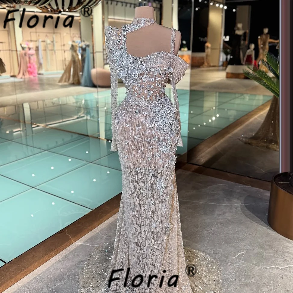 

Couture Вечерние платья с тяжелыми бусинами и кристаллами русалки, серебряные камни, цветочные аппликации, свадебное платье для церемонии, вечернее платье Robe de Soiree