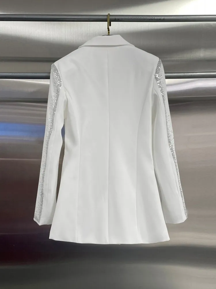 New Spring Autumn Casual Ladies Elegant Sequined Suit Jacket Long Sleeve Double Breasted Blazers Top Women Fashion Office Coat
