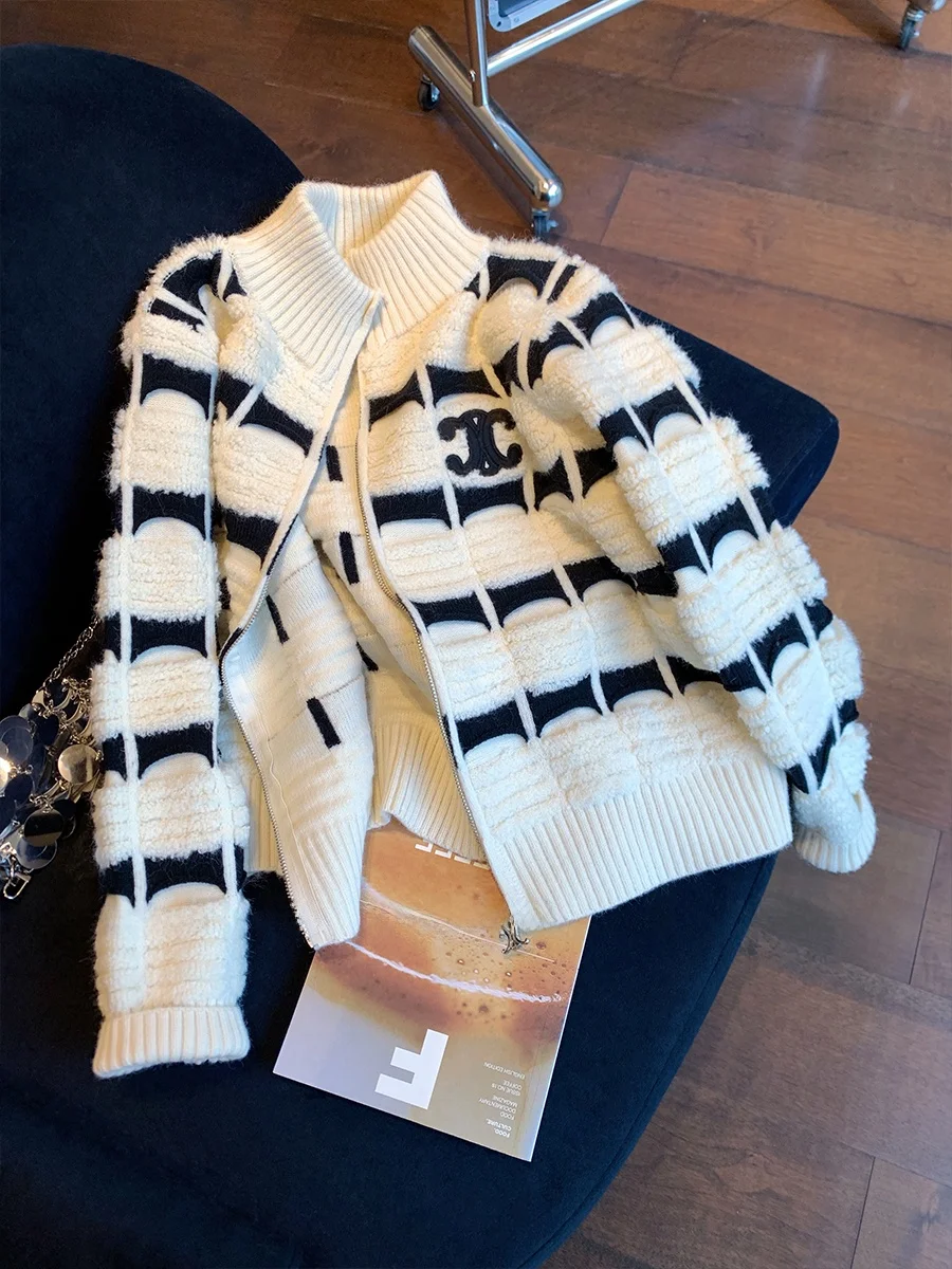 Women's Knitted Stripe Pattern Soft Cozy Stand Collar Sweater Coat Black White Contrast Color New 2026 Luxury Lightweight Ele...
