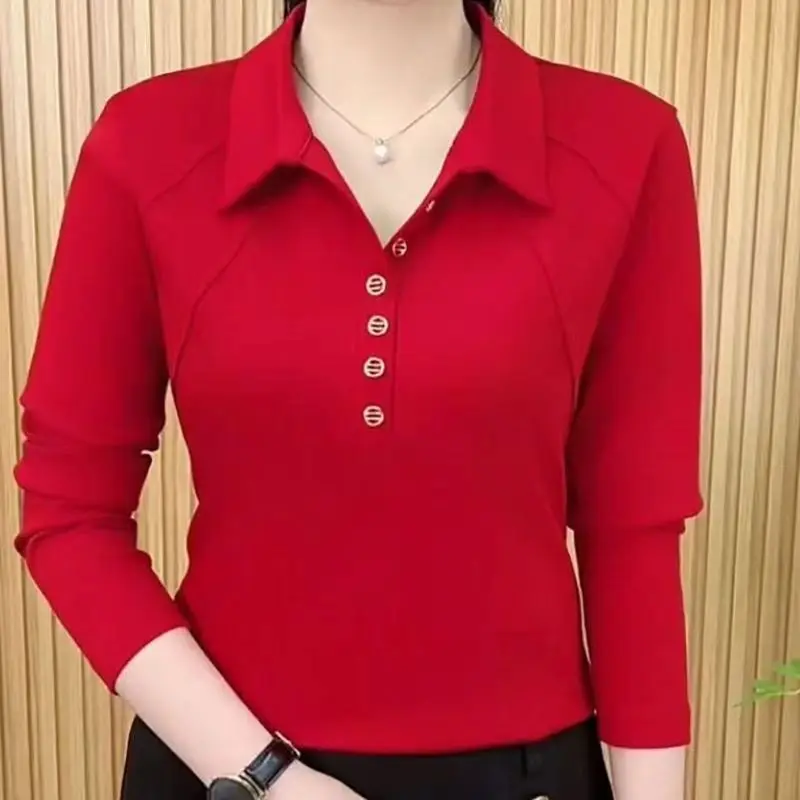 

Fashion Lapel Button Spliced Solid Color T-Shirts Women's Clothing Autumn New Loose All-match Tops Casual Tee Shirt