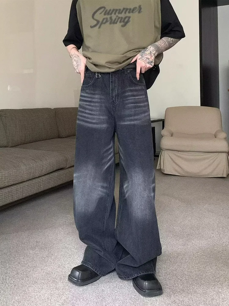 

Мужские джинсы в американском винтажном стиле, свободные, прямого кроя, повседневные, в уличном стиле, с эффектом потертости, синие, молодежные, модные