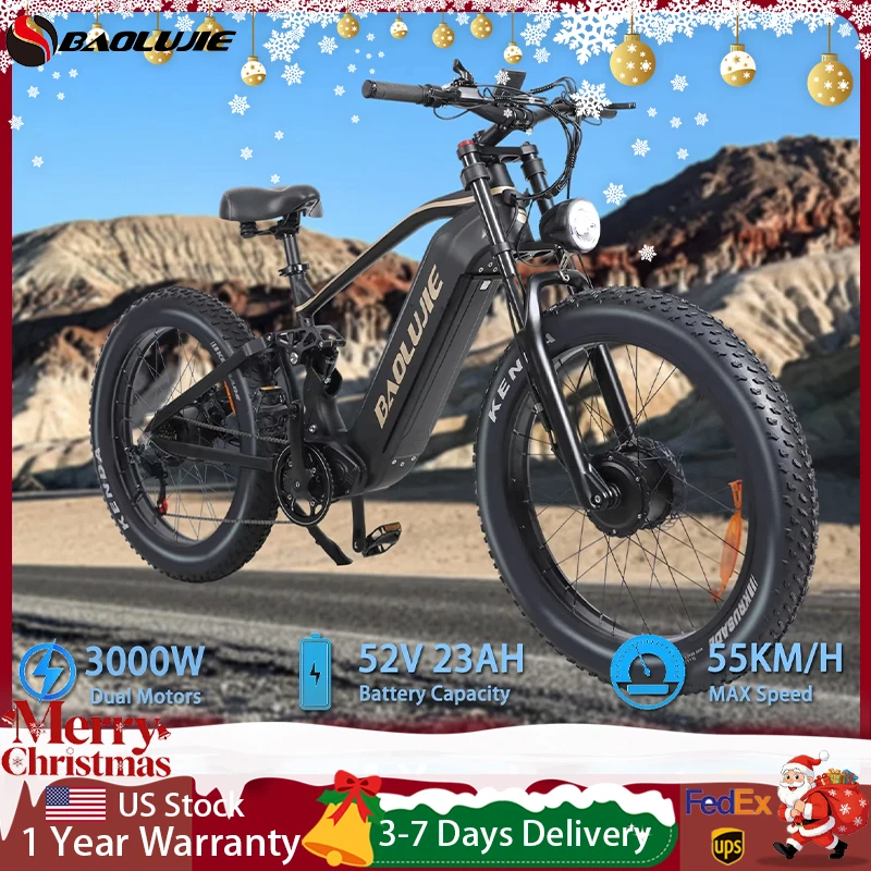 

BAOLUJIE P2 Electric Bike 3000W Motor Mountain E-bike，26”*4” Fat Tire，52V 23Ah Battery 55KM/H，Electric Bicycle【1 Year Warranty】