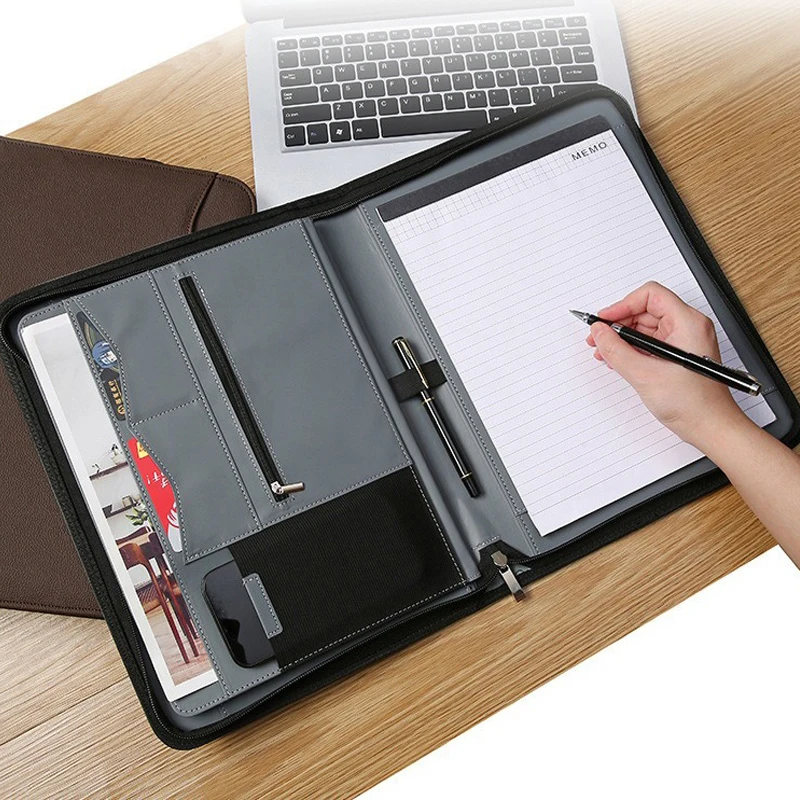 Black a4 Executive Leather Zippered Portfolio Organizer Folder Document Bag Briefcase Filing Cabinet Office Stationery Supplies