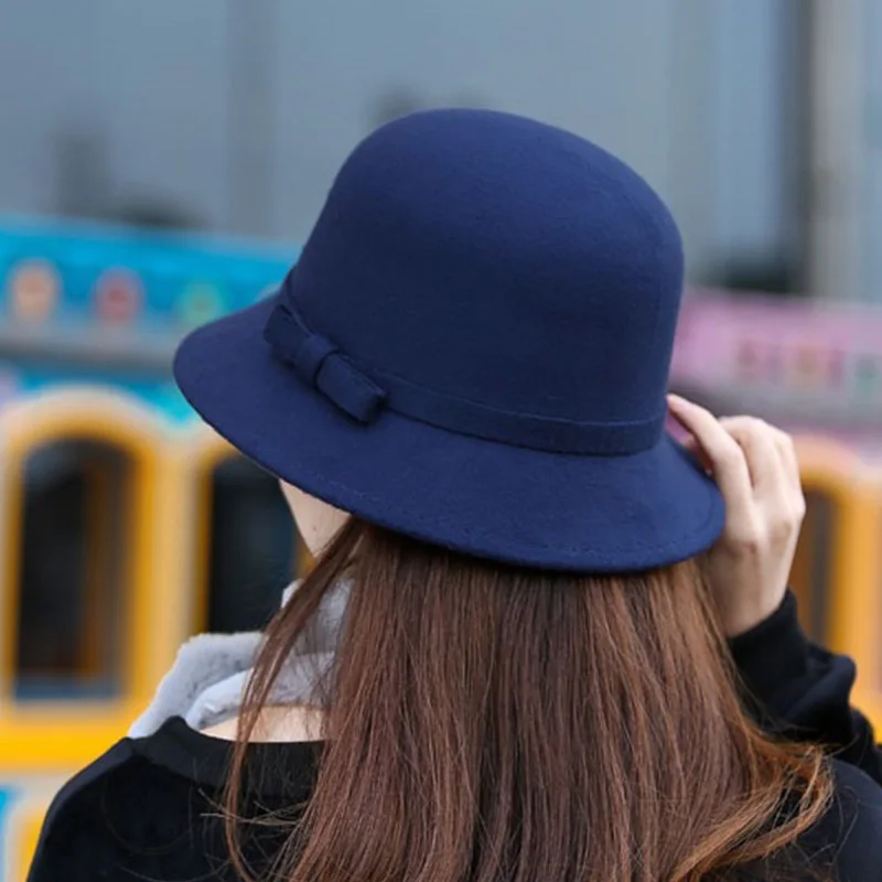 Autumn Winter Women Felt Fedoras Hat Vintage Bowknot Ladies Hat Dome Felt Wedding Church Jazz Cap Female Bow Bowler