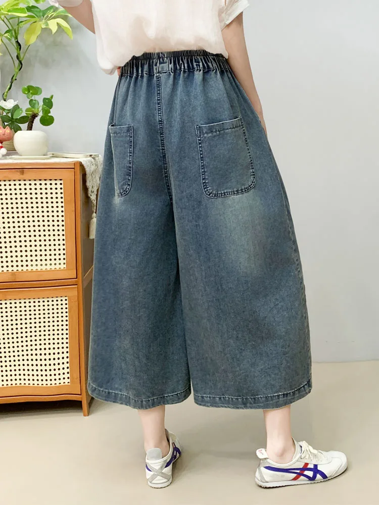 2025 zomer dunne retro geborduurde rechte jeans dames elastische taille casual grote versie achtpunts wijde pijpen broek
