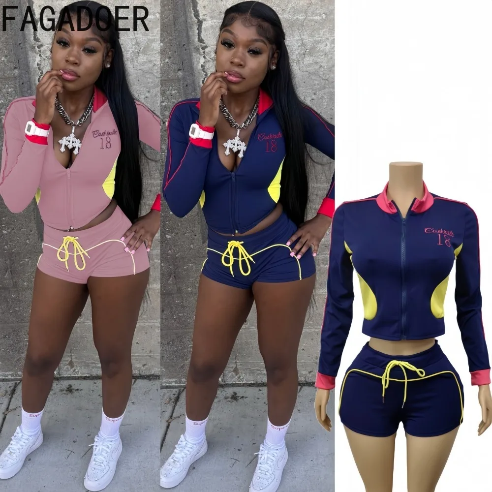 

FAGADOER Sexy Letter Embroidery 2 Piece Sets Woman Outfit Long Sleeve Zipper Crop Jacket and Drawstring Shorts Female Tracksuits