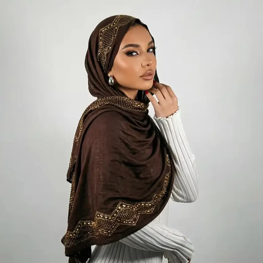 Rayon Cotton Hijab Shiny Rhinestone Scarf Muslim Modal Turban Women Solid Luxury Diamond Headscarf Shawls Ramadan Bandana Eid