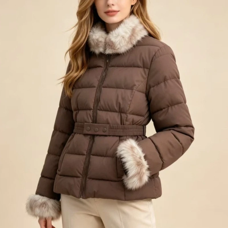 Women with Faux Fur Parkas with Belt Padded Collect Waist Stand Collar Zipper Cuff Fluffy Overcoat Windbreaker Chic Parka Jacket