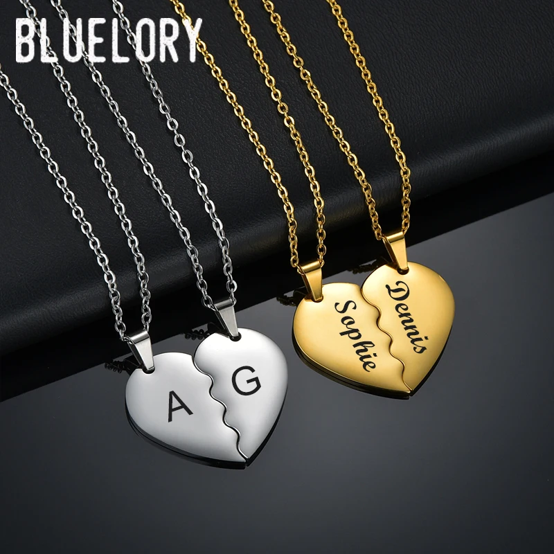 Bluelory Personalized Engrave Initials Names Couple Necklaces 1 Pair Stainless Steel Love Heart Letters Pendant For Women Men