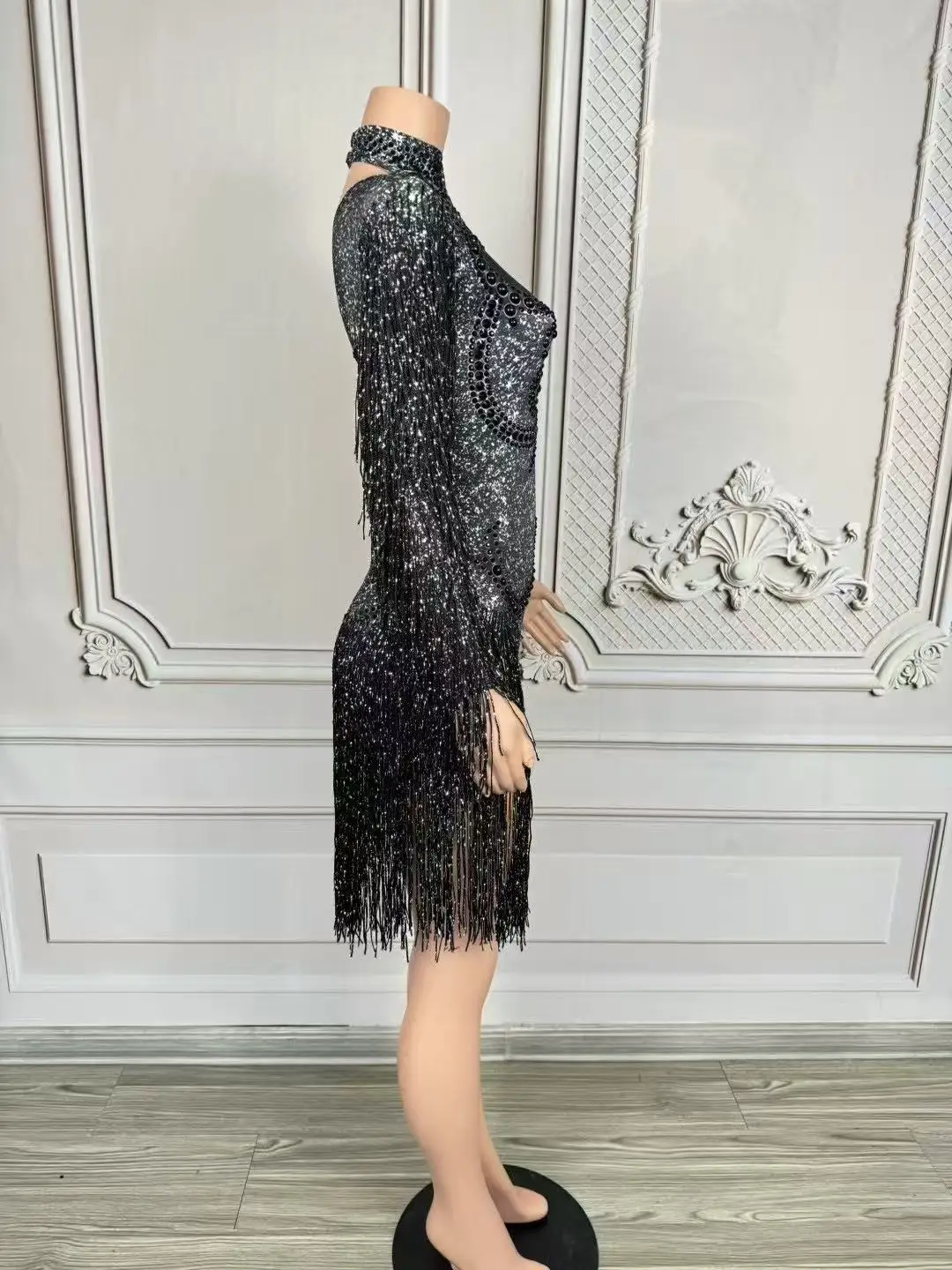 반짝 이는 검은 라인 석 긴 소매 프린지 바디 슈트 여성 섹시한 공연 댄스 의상 나이트 클럽 가수 댄서 무대 착용