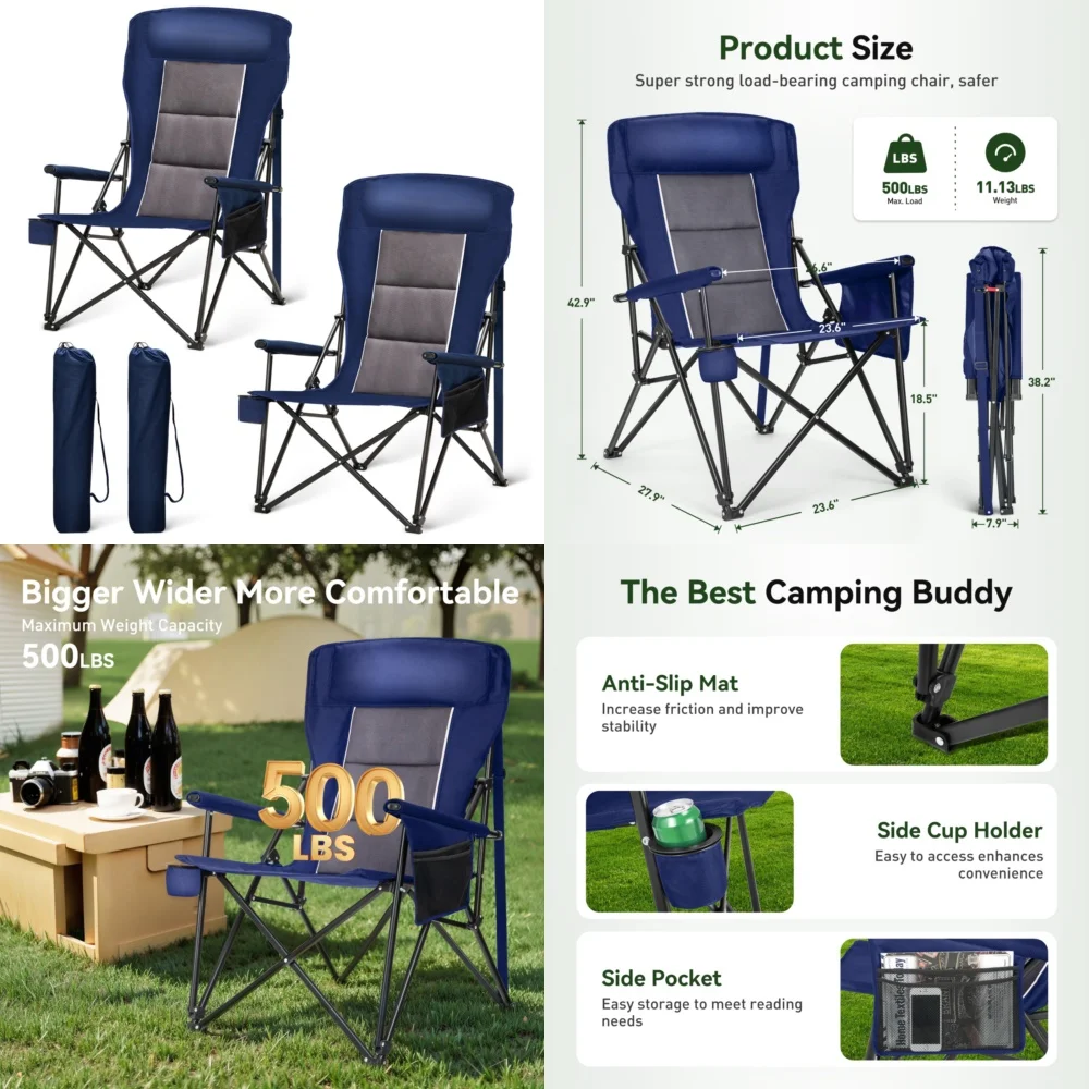

camping chairOversized Camping Chair 2PCS High Back Portable Outdoor Chair Heavy Duty Support 500LBS Foldable Lightweight Lawn