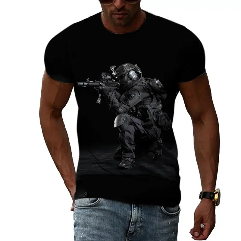 Summer Leisure Field Fighting Sniper Pattern Men\'s T-shirt Hip Hop 3D Print Personality Rod Neck Short Sleeve Tops Fashion Clot