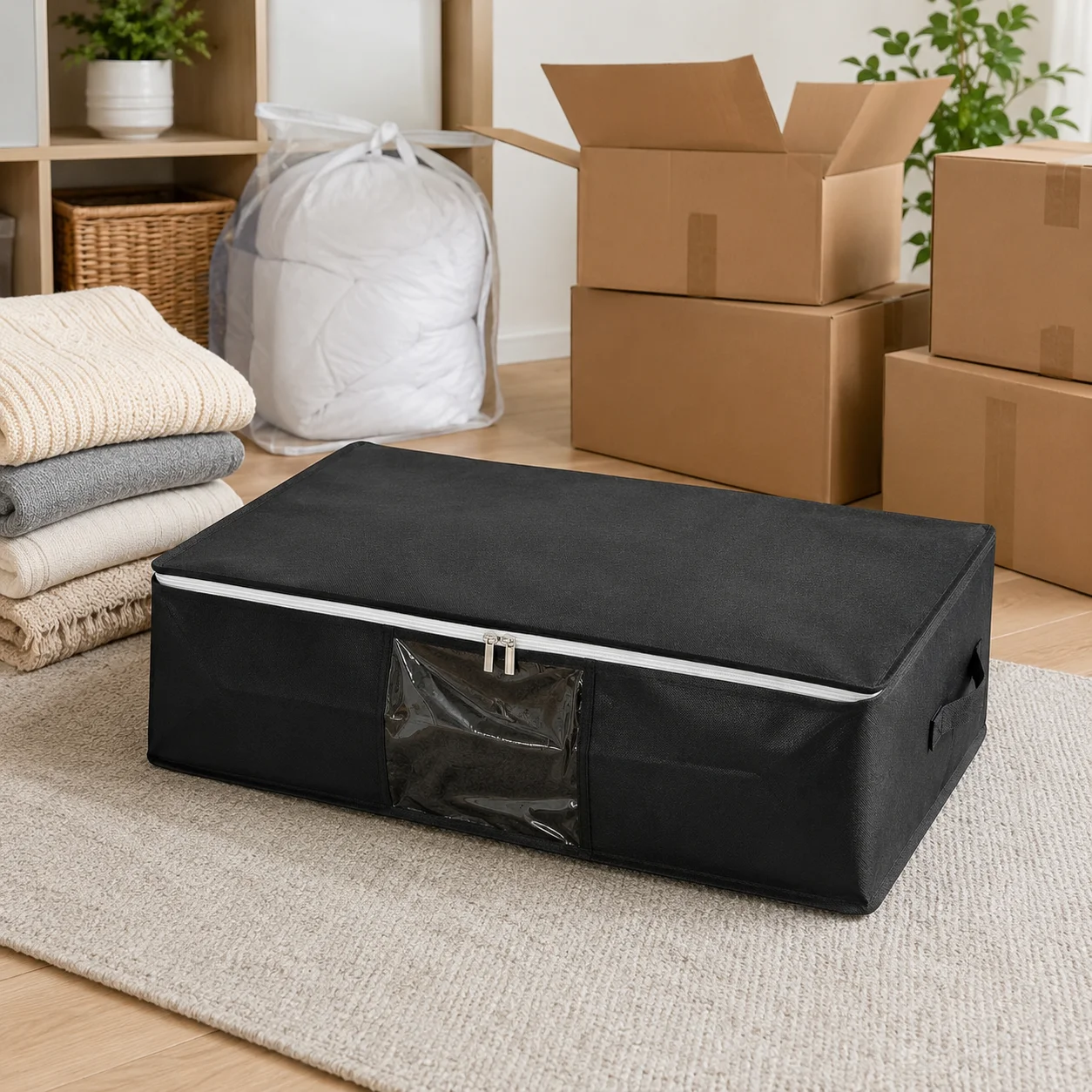 Large and heavy-duty folding storage bag for clothing and bedding, with zipper cover and reinforced handle - a thick non-woven s