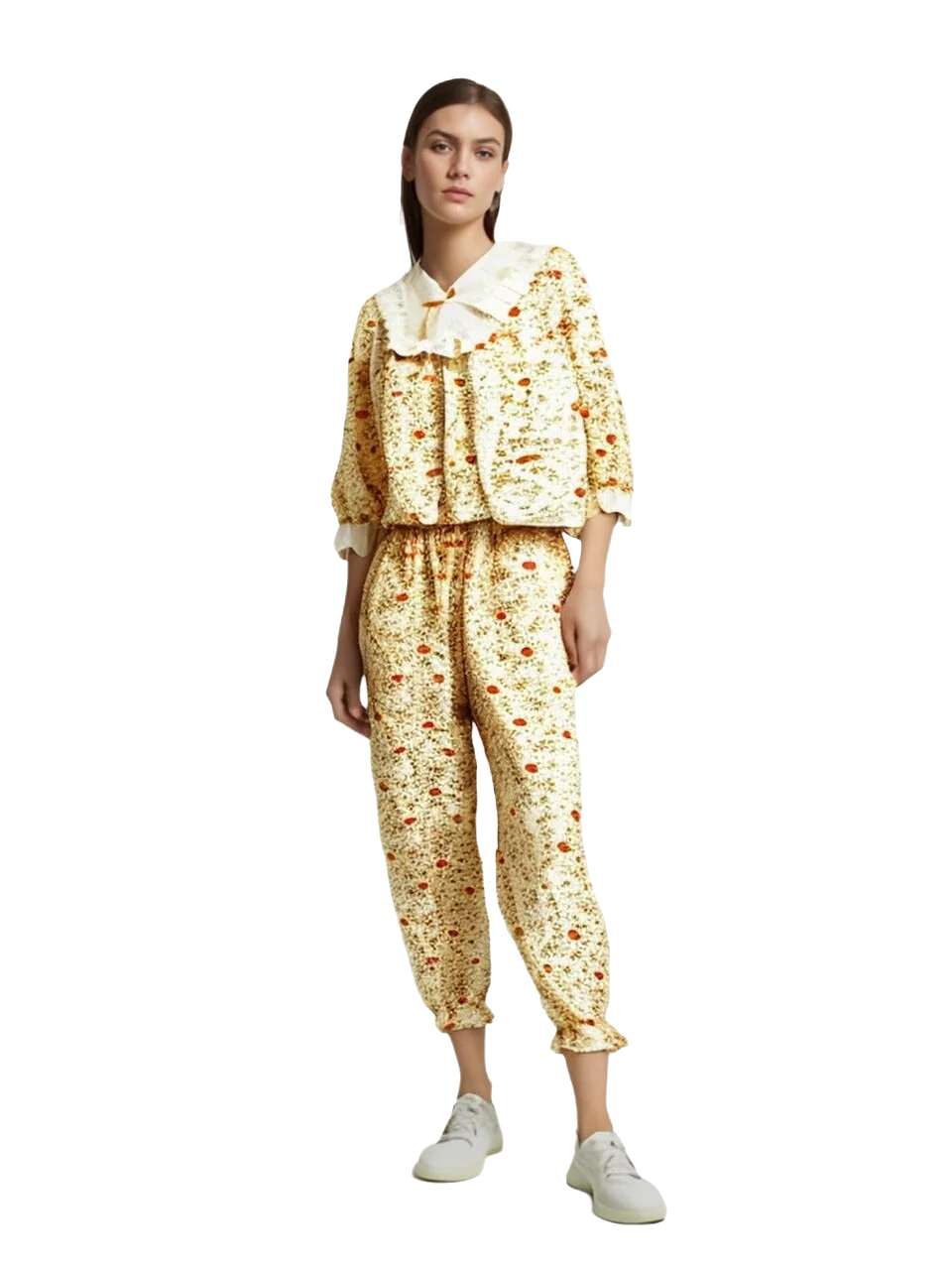 Conjunto de pijama feminino casual, arco princesa doce, estampa com renda, pijama confortável