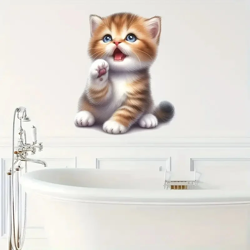 Adorable Kitten Self-Adhesive Toilet Stickers,Wall Decal Removable, Reusable PVC Sticker for Toilet Lid, Bathroom Decor