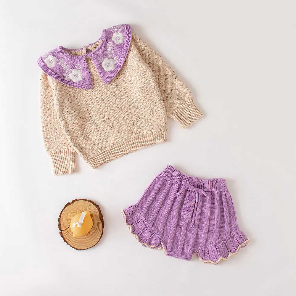 2025 Autumn New Baby Girl Knitted Set Embroidered Lotus Leaf Collar Long Sleeve Top Lace Pants Two Piece Set