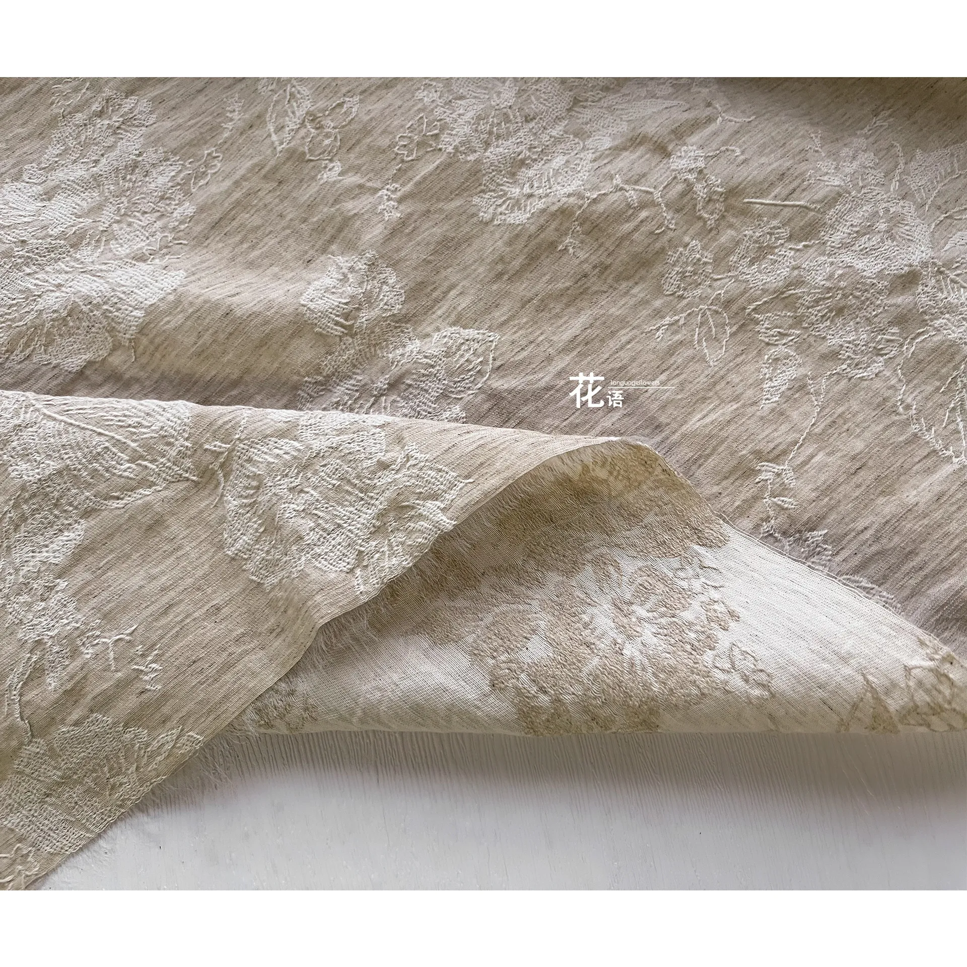Ivory Plum Blossom Embroidered Cotton Linen Designer Fabric Washed Jacquard Textile for Clothing Design and DIY Accessories