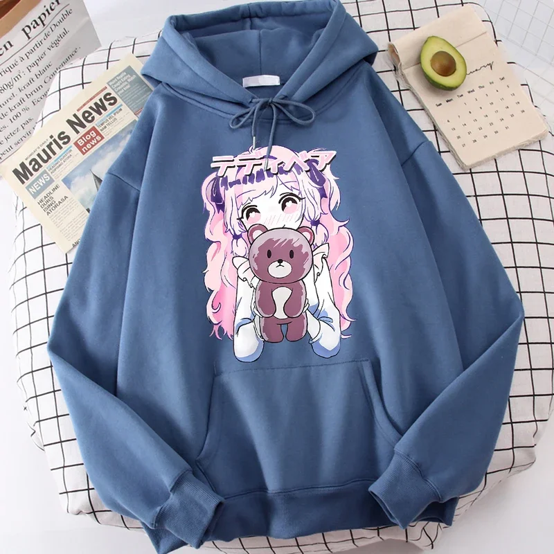 Cartoon Beauty Girl Embracing Doll Men Sweatshirt Breathable Loose Fittinghoodies Sports Hooded Jacket Youth Retro Clothes