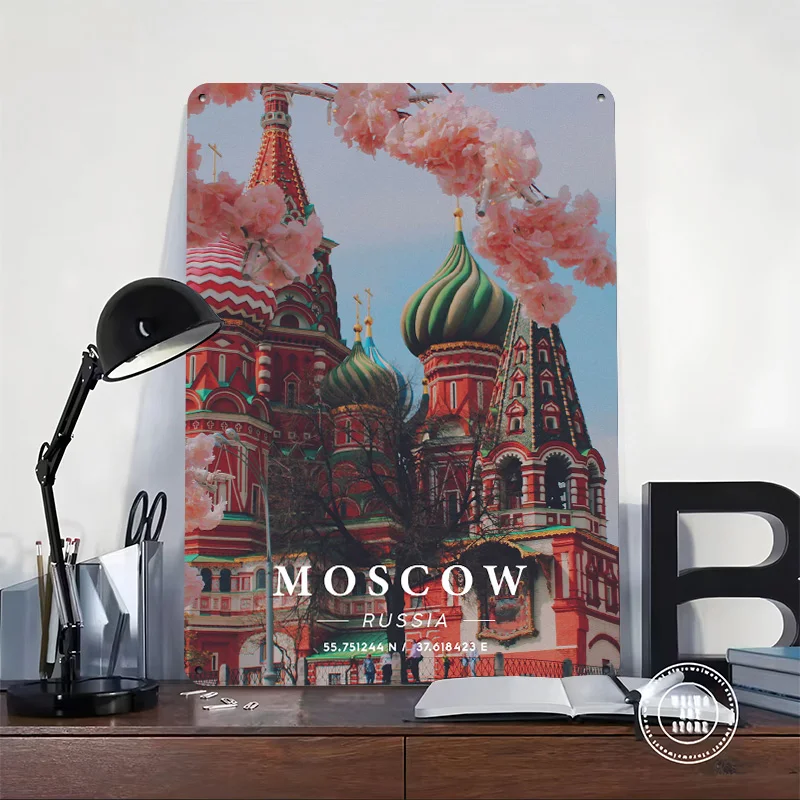 Moscow Coordinate Art Poster Retro 3D Printed Metal Signs Customized Wall Hanging Gift for Decoration Garage Accessories House