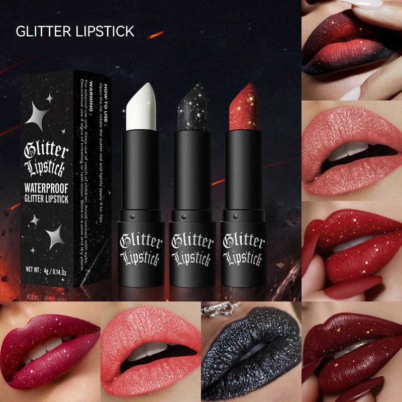 7Colors Glitter Lipstick Waterproof Long Lasting Diamond Pearlescent Metallic Lipstick Black Lipgloss Women Lips Makeup Cosmetic