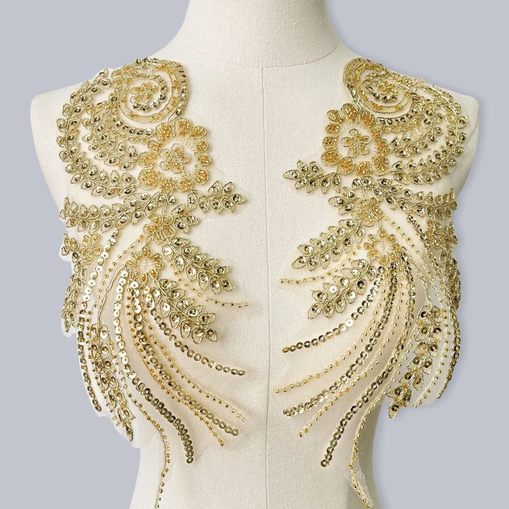 1 Paire de Broches en Organza avec Paillettes Dorées, Perles Clouées, Strass et Perles de Cristal, Applique pour Robe de Soirée, Accessoires