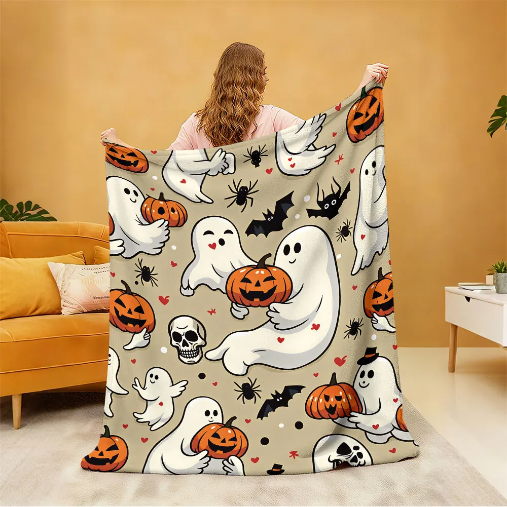 1pc Halloween ghost pumpkin spider skeleton flannel blanket, suitable for leisure sofas and nap breaks